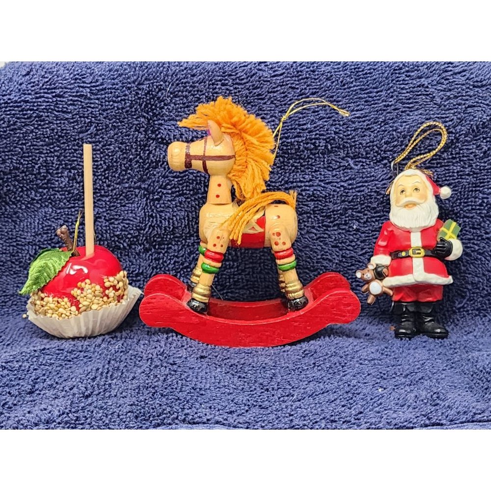 Rocking Horse Santa Caramel Apple‎ Christmas Classic Ornaments Lot Of 3